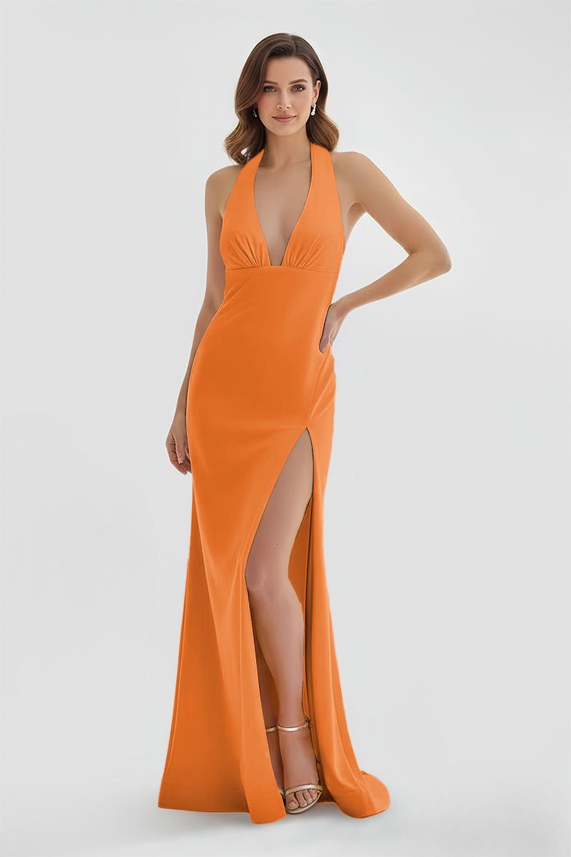 Mermaid Deep V Neck Yellow Satin Long Prom Dresses with Slit