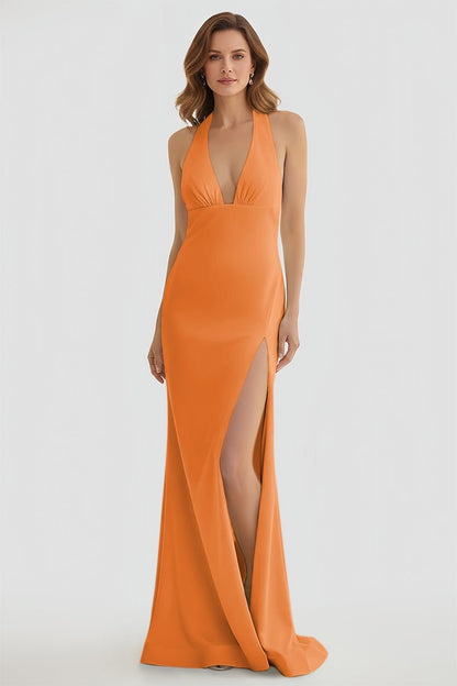 Mermaid Deep V Neck Yellow Satin Long Prom Dresses with Slit