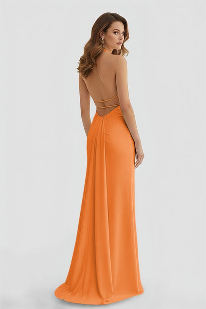 Mermaid Deep V Neck Yellow Satin Long Prom Dresses with Slit