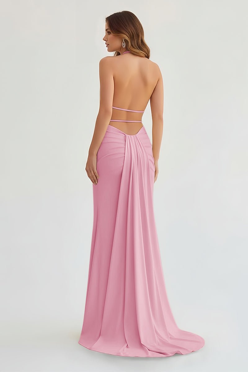 Mermaid Deep V Neck Yellow Satin Long Prom Dresses with Slit