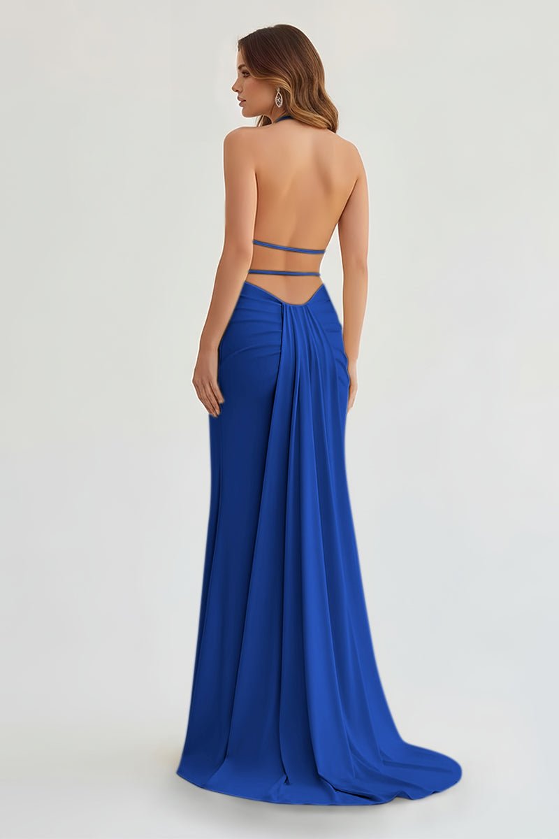 Mermaid Deep V Neck Yellow Satin Long Prom Dresses with Slit