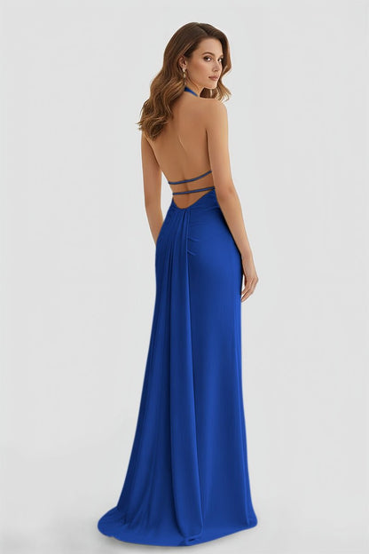 Mermaid Deep V Neck Yellow Satin Long Prom Dresses with Slit