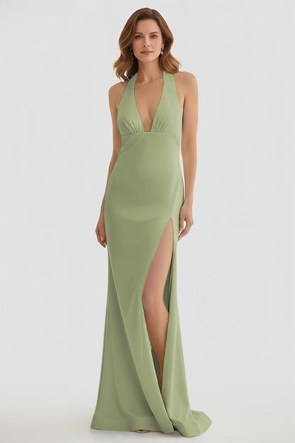 Mermaid Deep V Neck Yellow Satin Long Prom Dresses with Slit