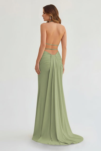 Mermaid Deep V Neck Yellow Satin Long Prom Dresses with Slit