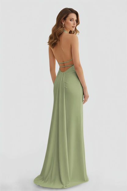 Mermaid Deep V Neck Yellow Satin Long Prom Dresses with Slit