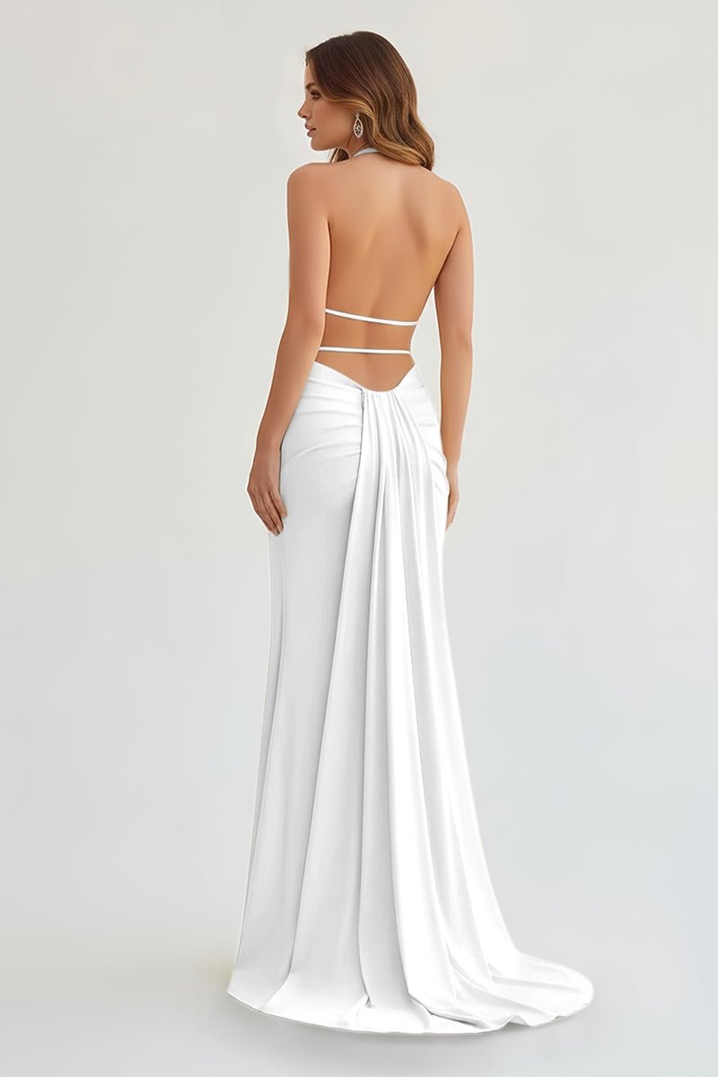 Mermaid Deep V Neck Yellow Satin Long Prom Dresses with Slit