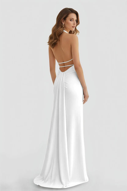 Mermaid Deep V Neck Yellow Satin Long Prom Dresses with Slit