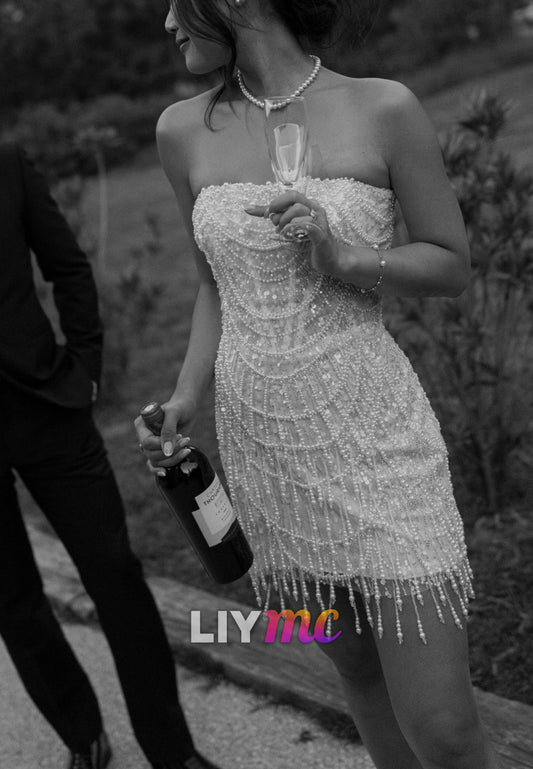 Strapless Pearl Beaded Fringe Short Wedding Dress