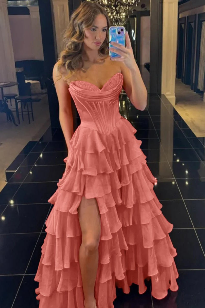 strapless a-line ruffle long prom dress with split Strapless A-Line Ruffle Long Prom Dress With Split