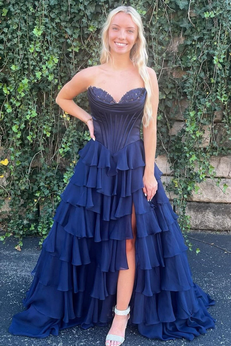 strapless a-line ruffle long prom dress with split Stacees 2026 Floral Print Strapless Ruched Corset Ruffle Prom Dress with Slit