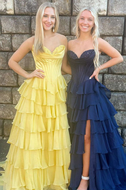 Strapless A-Line Ruffle Long Prom Dress With Split