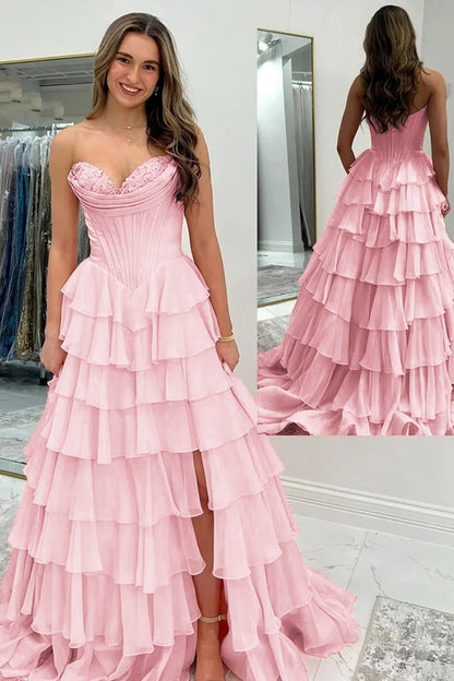 Strapless A-Line Ruffle Long Prom Dress With Split