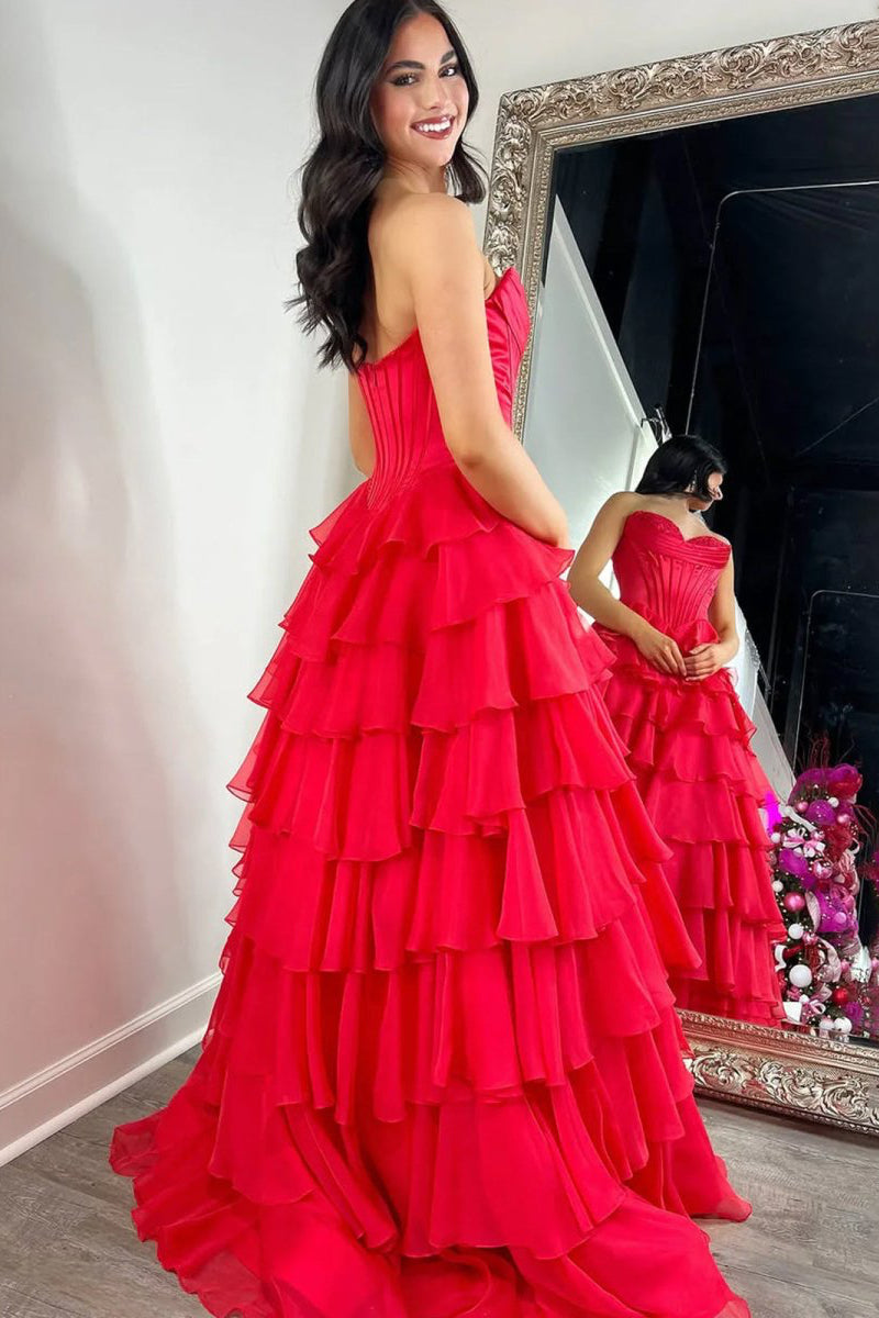 Strapless A-Line Ruffle Long Prom Dress With Split