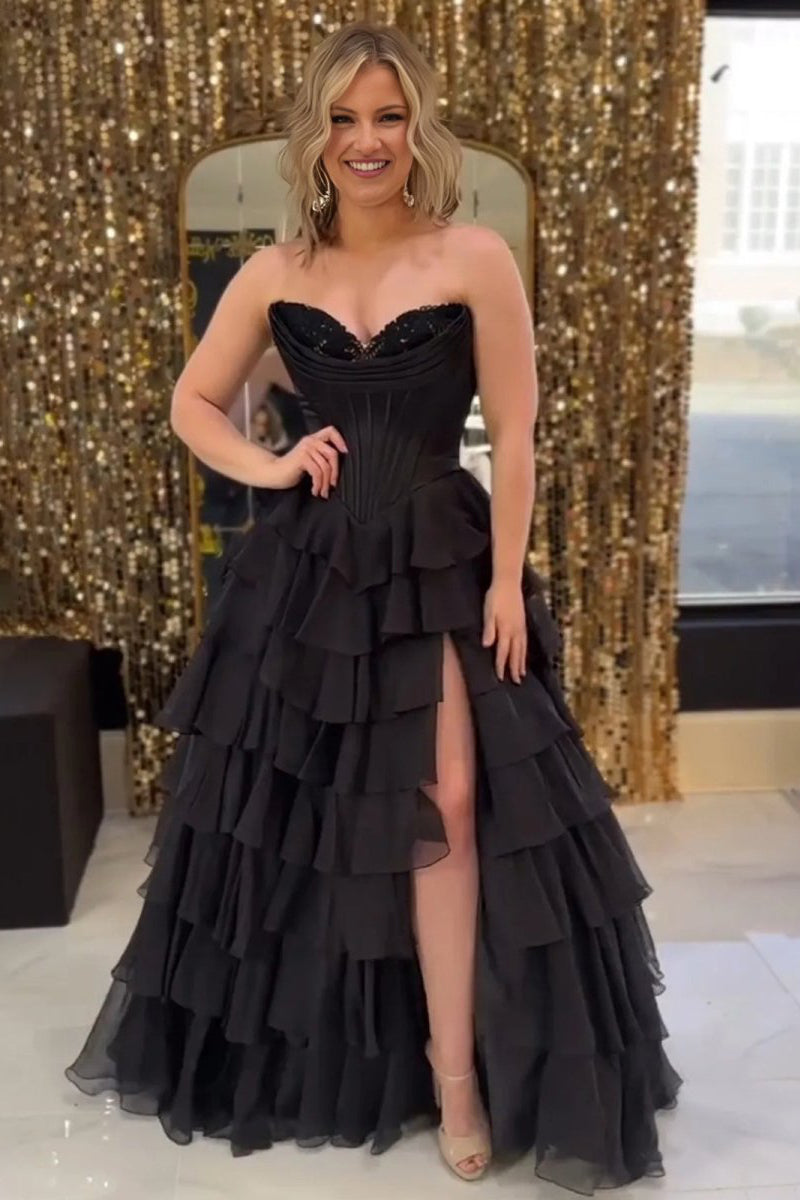 strapless a-line ruffle long prom dress with split Stacees 2026 Mint Green Prom Dress with Beaded Strapless Corset Slit Ruffle Skirt Ships in 48hrs