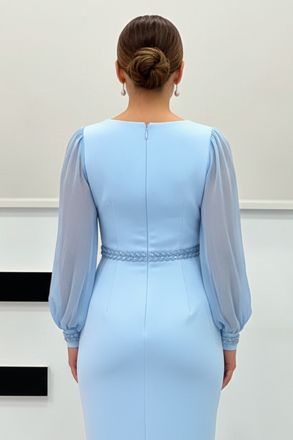 Scoop Long Sleeves Pleated Sheath Formal Dress