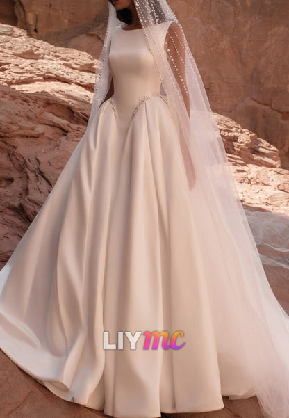 Bateau Neck Satin Ball Gown Wedding Dress