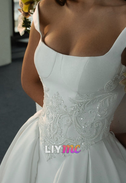 Off-the-Shoulder Satin Wedding Gown with Beaded Lace Waist