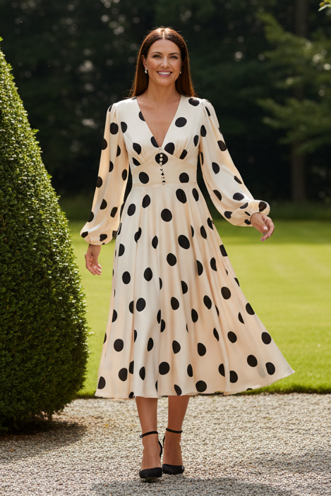 Vintage Polka Dot Satin A-Line Midi Dress