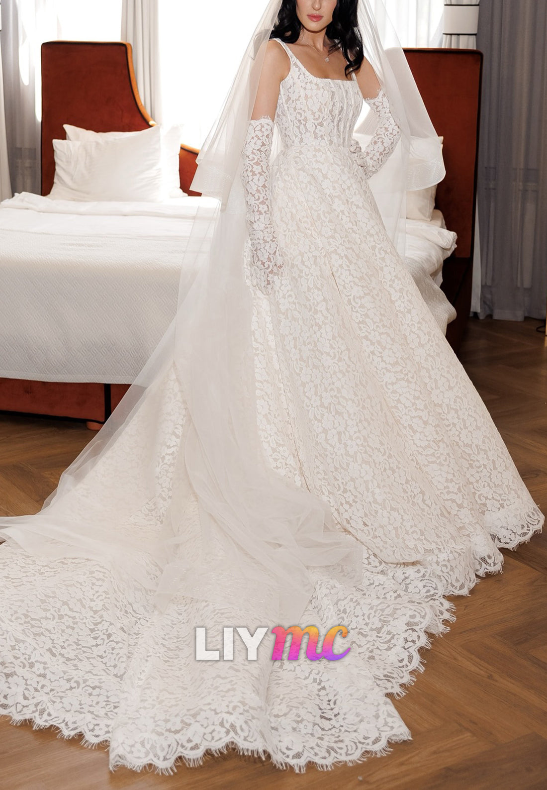 Lace A-Line Wedding Dress with Long Gloves & Veil