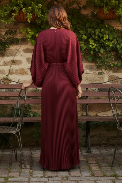Pleated Satin Gown with Dramatic Bell Sleeves