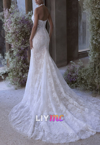 Lace Mermaid Wedding Dress with Halter Neck & Train