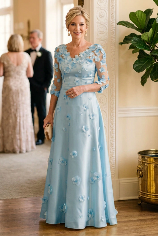 3D Floral Applique A-Line Evening Gown