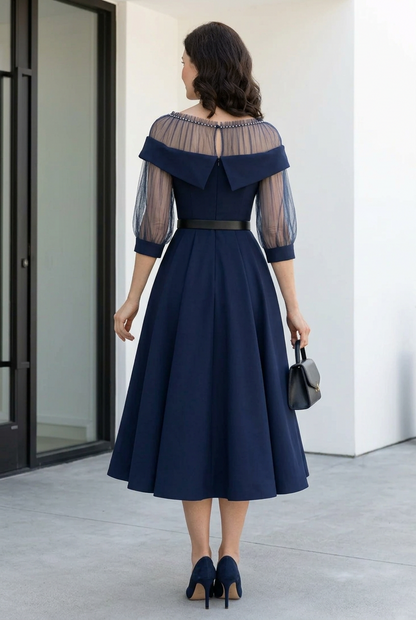 Illusion Neck Pleated A-Line Midi Dress