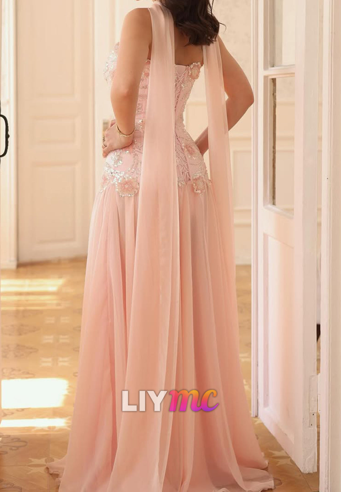 Embellished Drop-Waist Gown with Neck Scarf