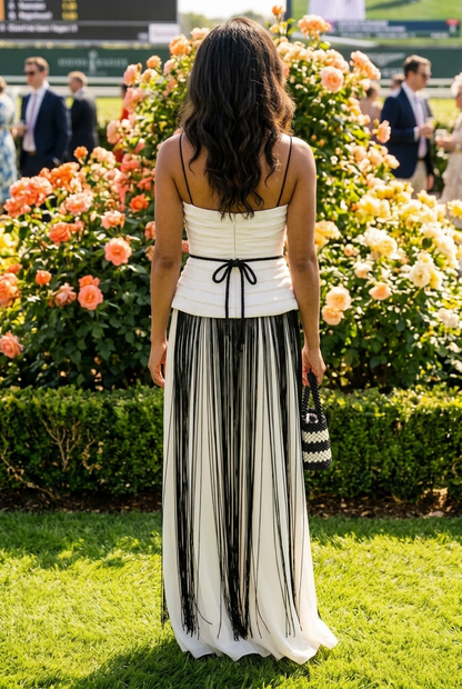 Pleated Peplum Gown with Long Fringe Skirt