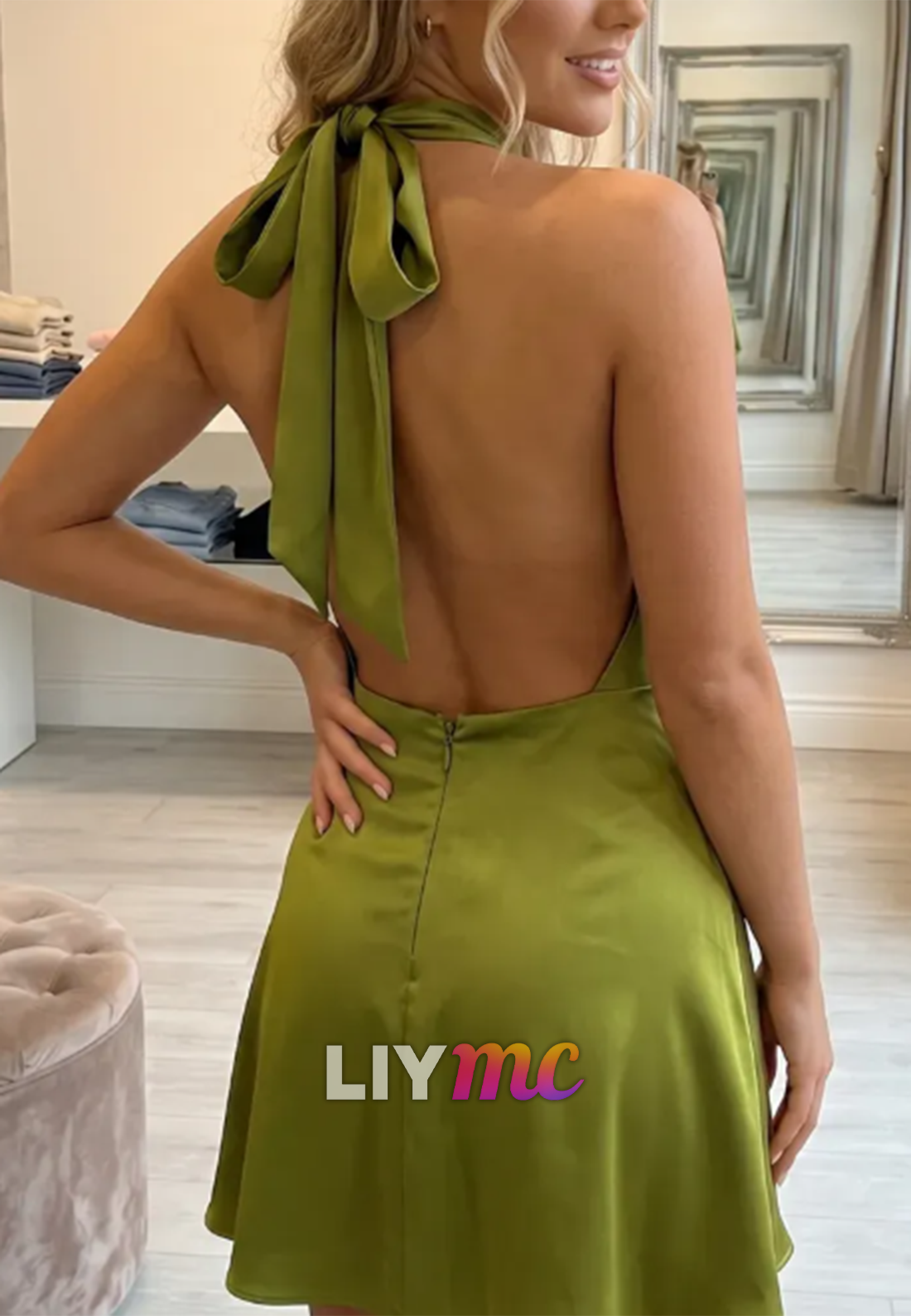 Satin Cowl Neck Halter Mini Dress