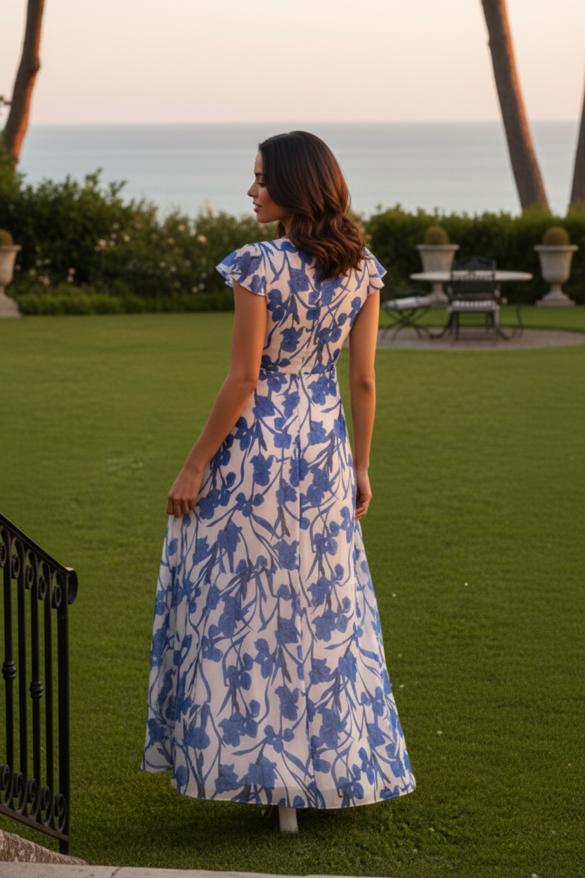 Floral Print Chiffon Maxi Dress with Flutter Sleeves