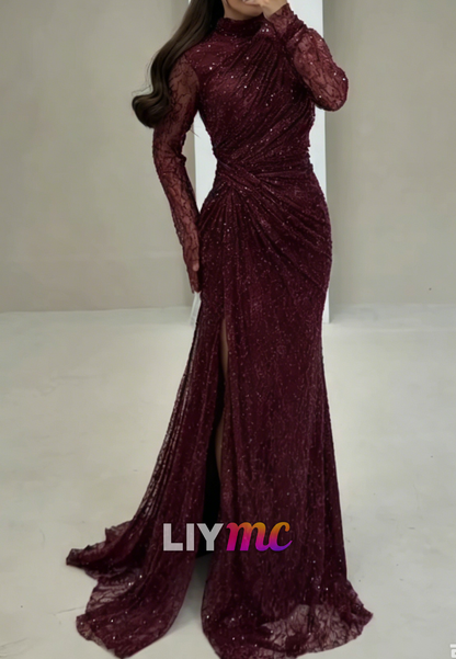 High Neck Ruched Lace Gown with Slit