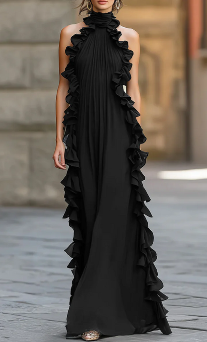 Sleeveless Ruffle-Trimmed Pleated Evening Gown