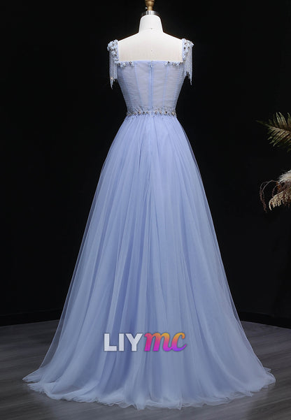 Beaded Tassel Strap Tulle A-Line Evening Gown