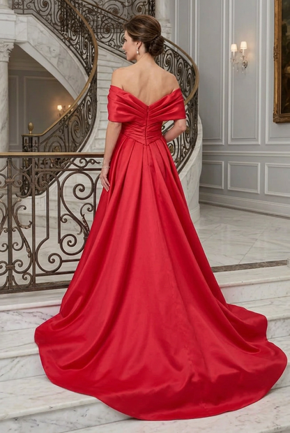 Off-the-Shoulder Pleated Satin A-Line Gown