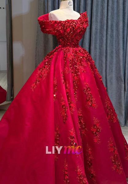 Off-the-Shoulder 3D Floral Ball Gown Evening Dress
