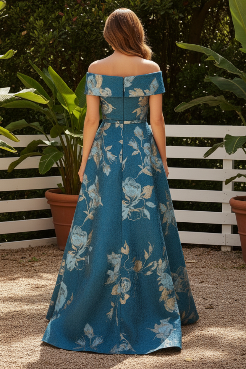 Off-the-Shoulder Floral Jacquard A-Line Evening Gown