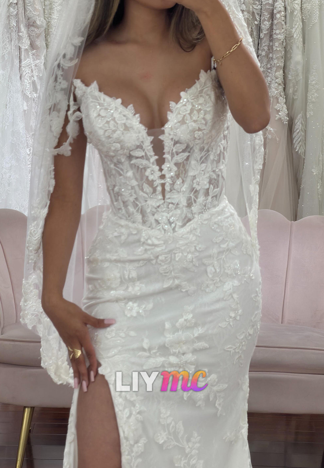 Lace Applique Corset Wedding Dress with Slit