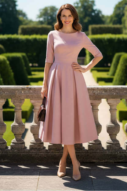 Bateau Neck Pleated A-Line Midi Dress with Half Sleeves
