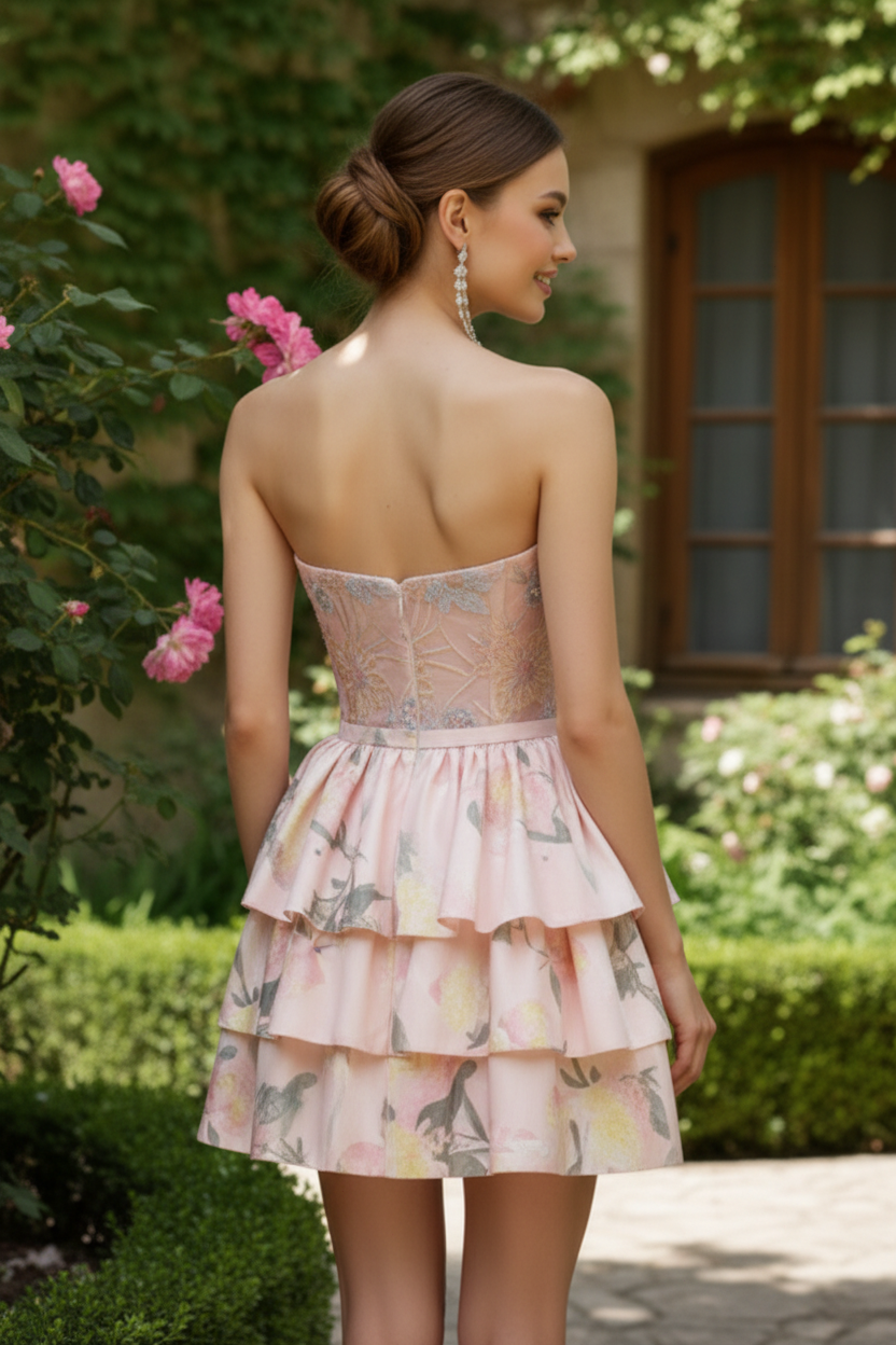 Strapless Tiered Mini Dress with Embroidered Bodice