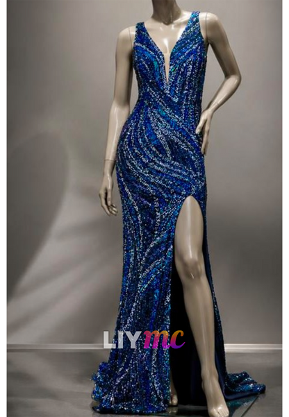 Sequin Mermaid Gown with Deep V Neck and High Slit