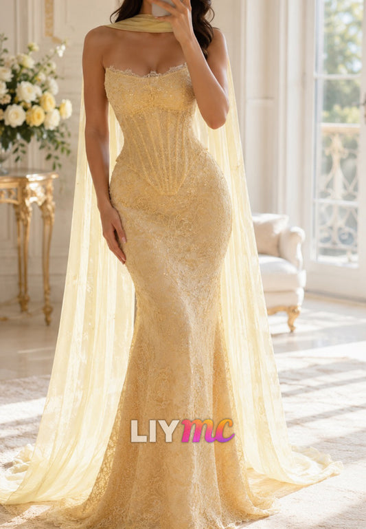 Strapless Lace Corset Mermaid Dress with Cape