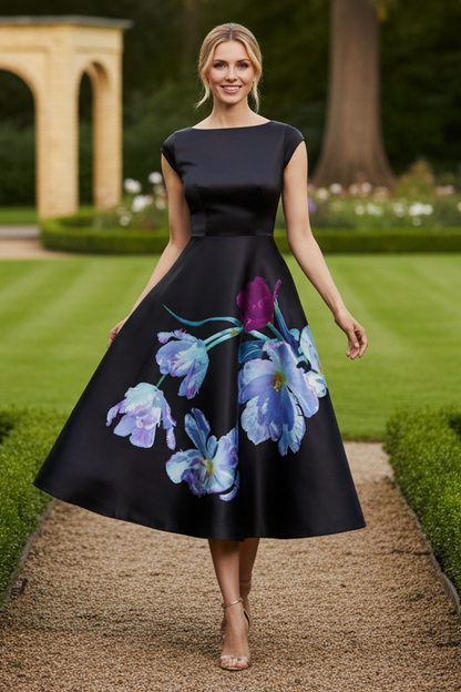 Floral Satin Bateau A-Line Tea-Length Dress
