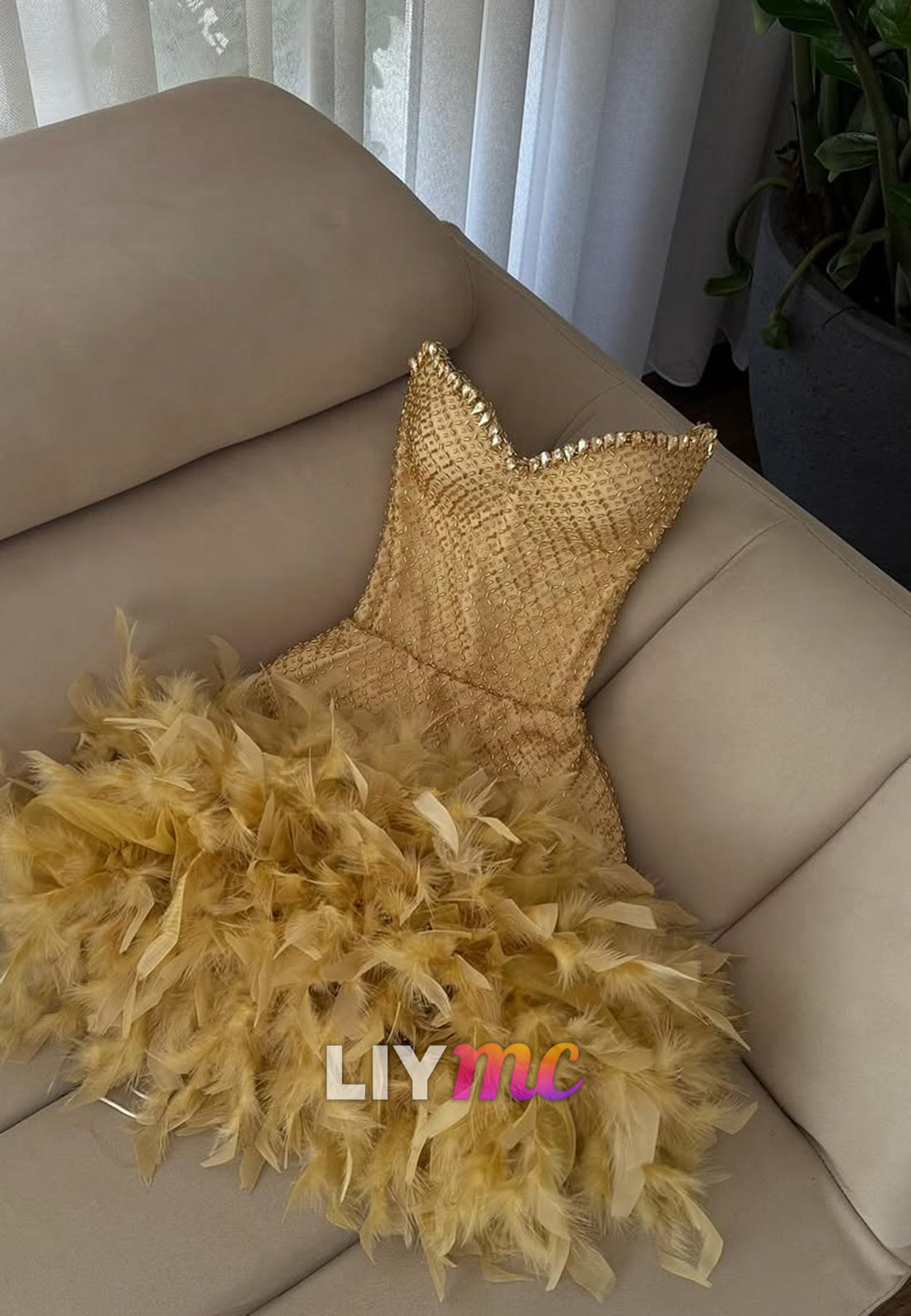 Strapless Beaded Corset Feather Mini Dress