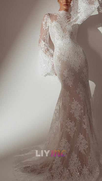 Lace High Neck Bell Sleeve Wedding Dress