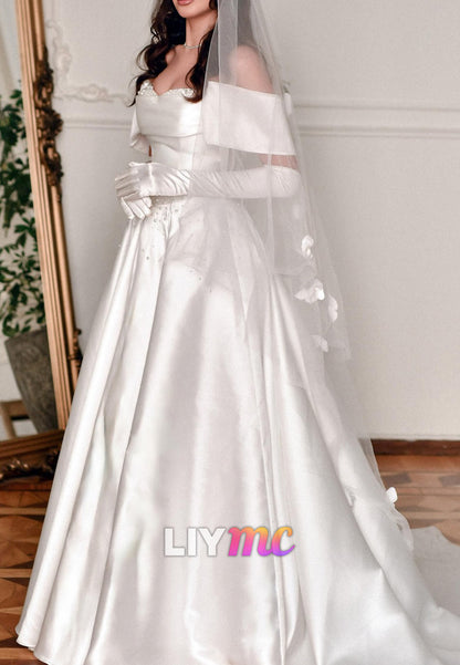 Elegant Pearl-Beaded Satin A-Line Wedding Dress