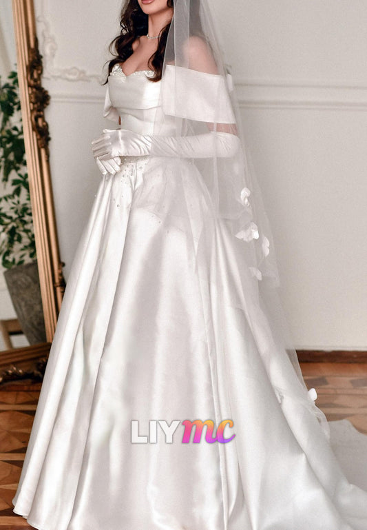 Elegant Pearl-Beaded Satin A-Line Wedding Dress