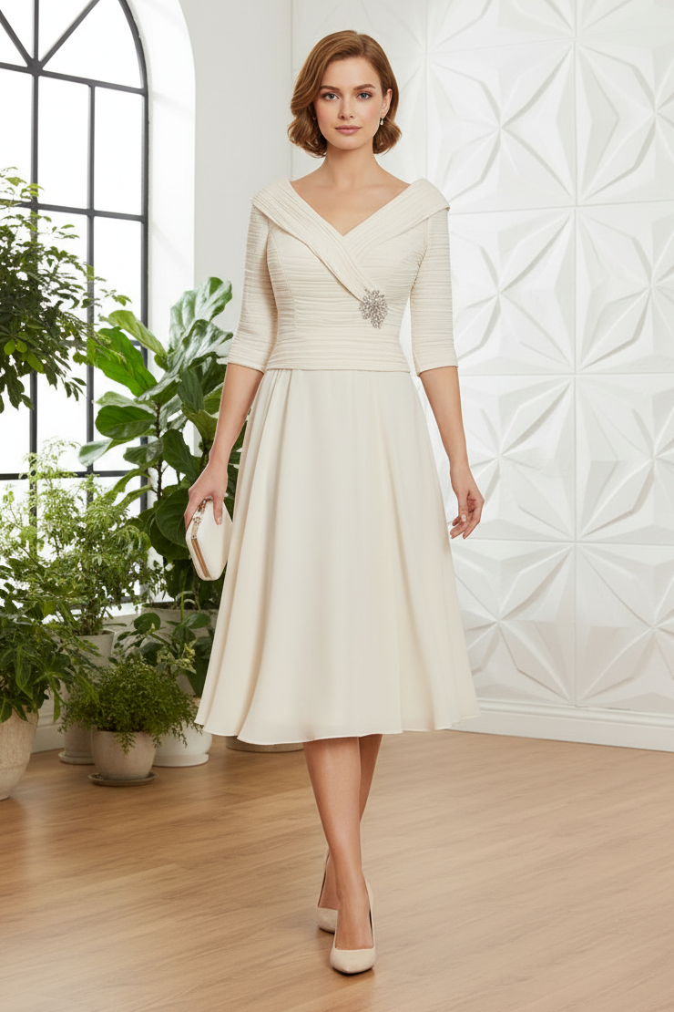 Elegant A-Line 3/4 Sleeve Tea-Length Dress