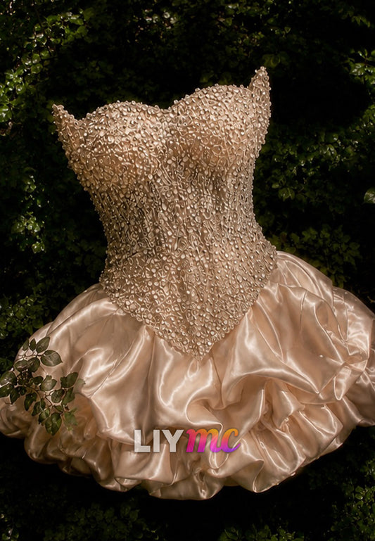 Beaded Corset Strapless Bubble Skirt Mini Dress