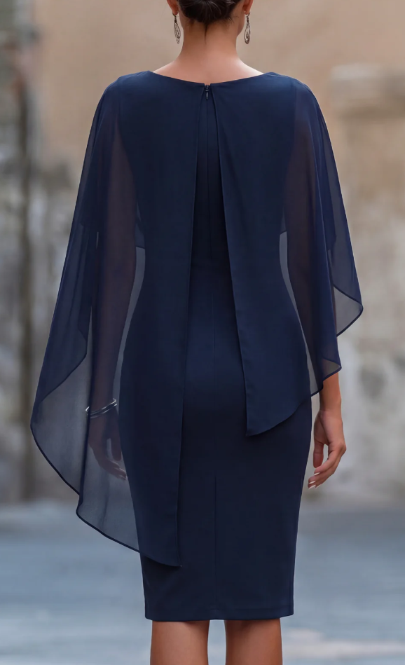 Elegant Sheath Midi Dress with Chiffon Cape Overlay